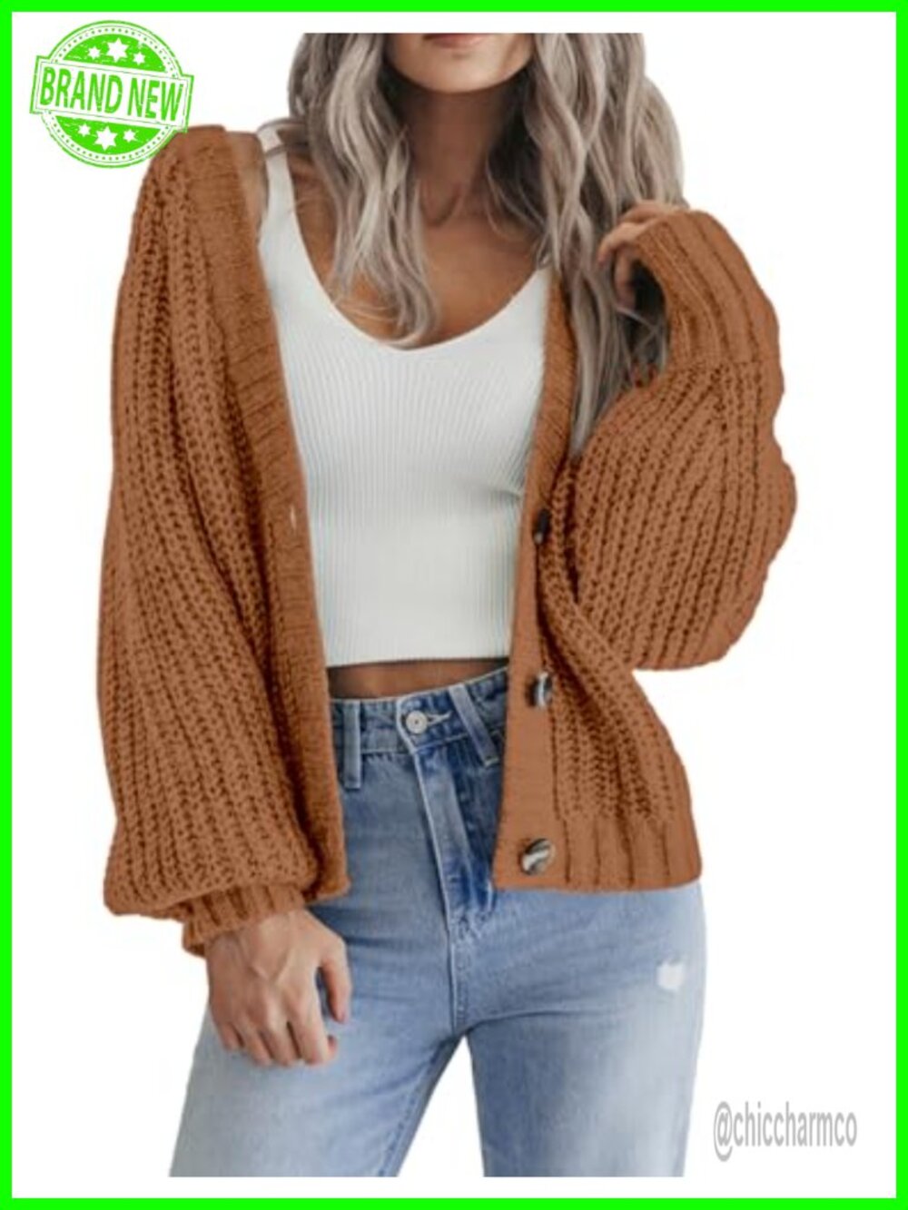 Chunky Knit Cardigan Button Down V-Neck Long Sleeve Sweater